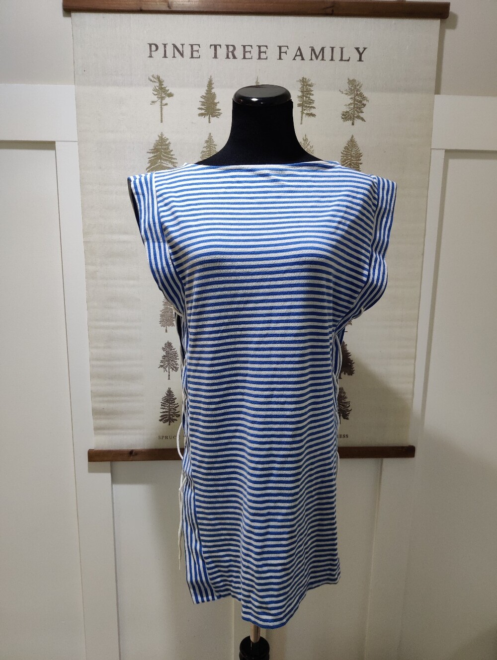 Vintage Sirena Nautical Blue White Striped Lace Up Tunic Dress Swim Cover Up S M